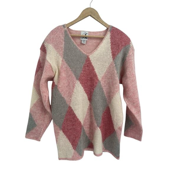 Vintage 90s JK American Mohair Pink Argyle Sweater Size 14/16 - Picture 1 of 3